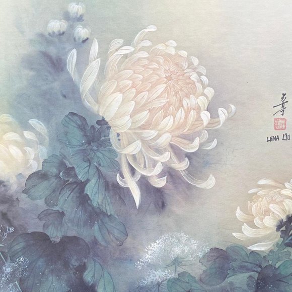 Vintage Signed Lena Liu Oriental Mums Art Print-Matted Framed Behind Glass - Picture 2 of 7